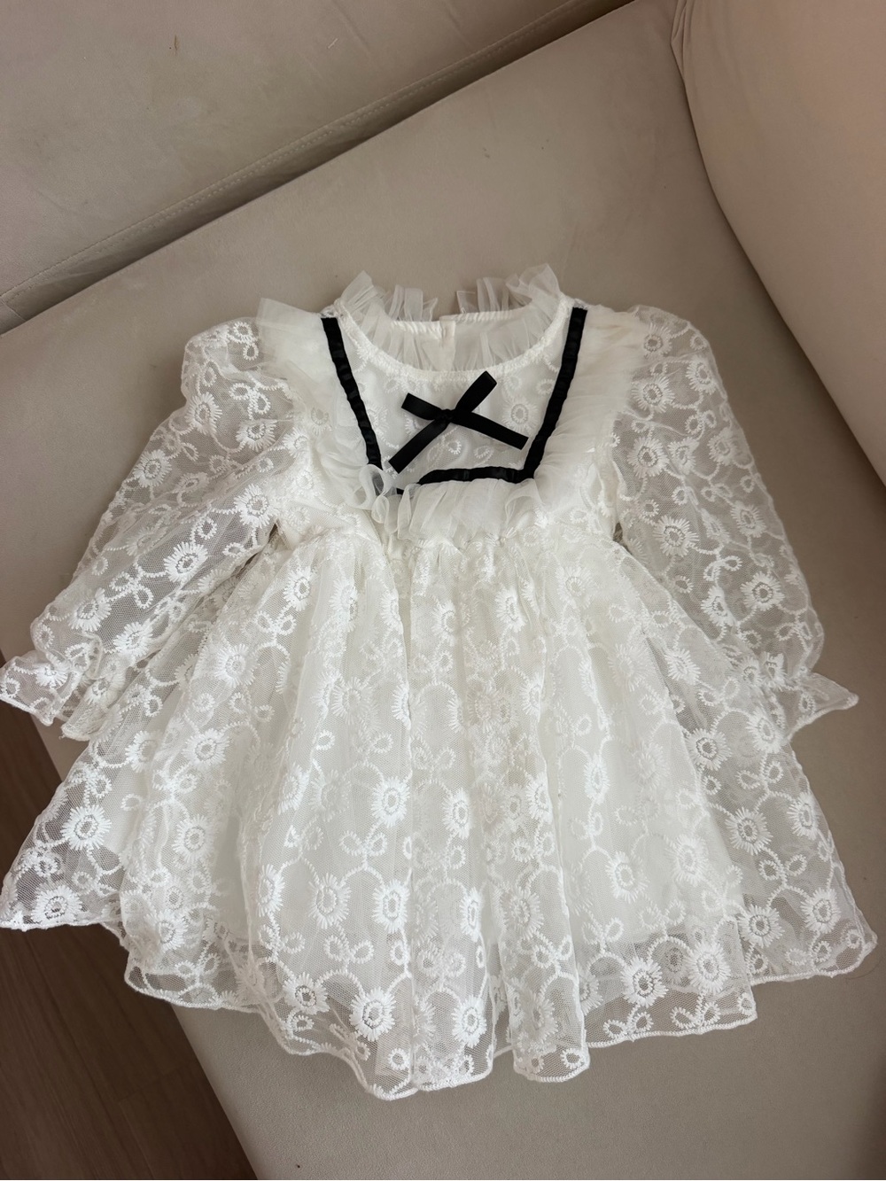 White Lace Long Sleeve Kids Dress with Black Trim